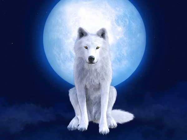 Büyük Bir Ayın Önünde Oturan Görkemli Beyaz Bir Kurdun Boyutlu — Stok fotoğraf