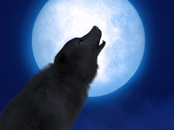 3D rendering of a black wolf or werewolf with glowing red eyes howling at the big moon. Stars in the night sky, fog on the ground.