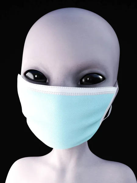 Portrait of a gray alien wearing face mask, 3D rendering. Black background.