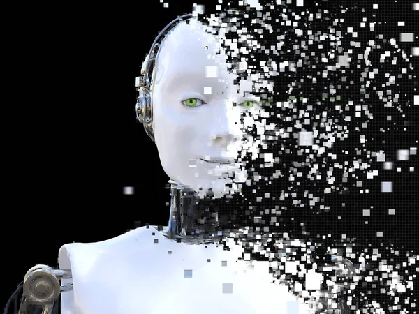 Dişi Bir Robotun Boyutlu Resmi Kafa Piksel Pencerelere Ayrılıyor Siyah — Stok fotoğraf