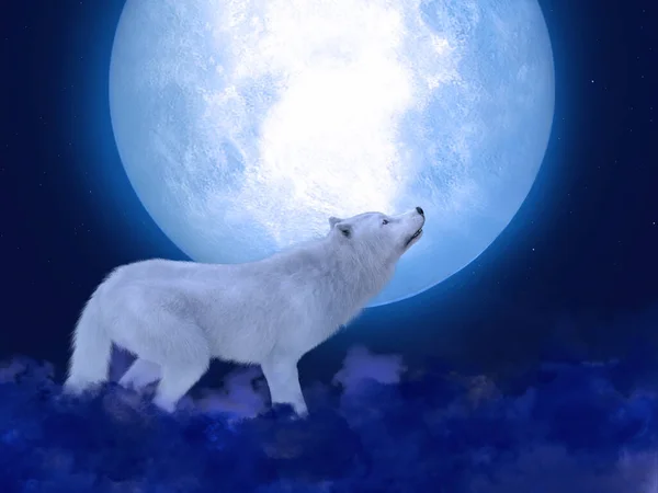 Rendering Majestic White Wolf Standing Front Big Moon Stars Night — Stock Photo, Image