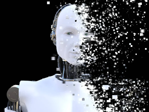 Rendering Head Male Robot Head Breaking Apart Pixels Windows Black — Stock Photo, Image