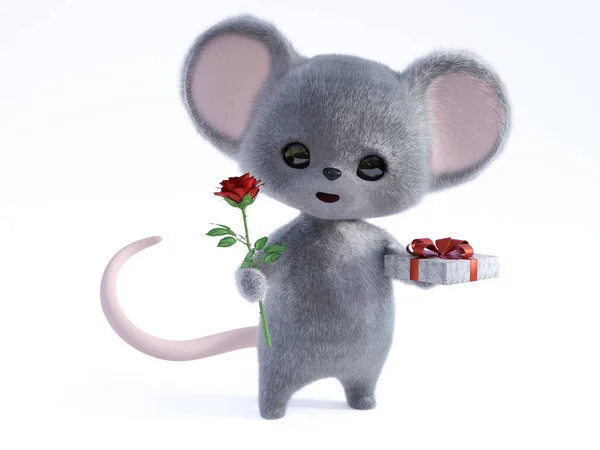 Representación Adorable Ratón Peludo Sonriente Kawaii Sosteniendo Una Rosa Roja —  Fotos de Stock