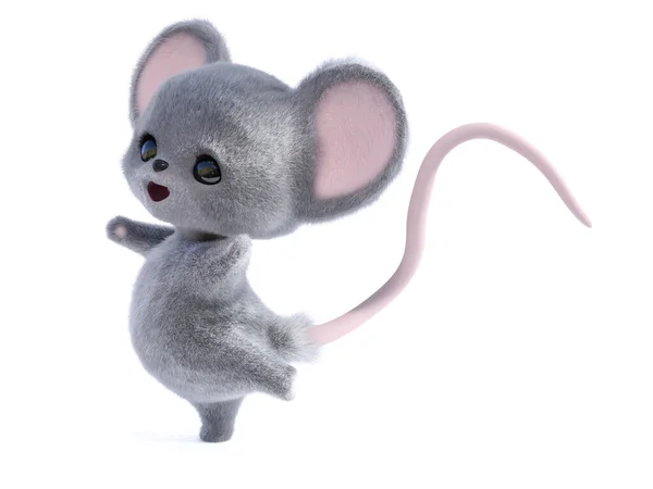 Renderização Adorável Kawaii Peludo Sorrindo Mouse Olhando Muito Feliz Pulando — Fotografia de Stock