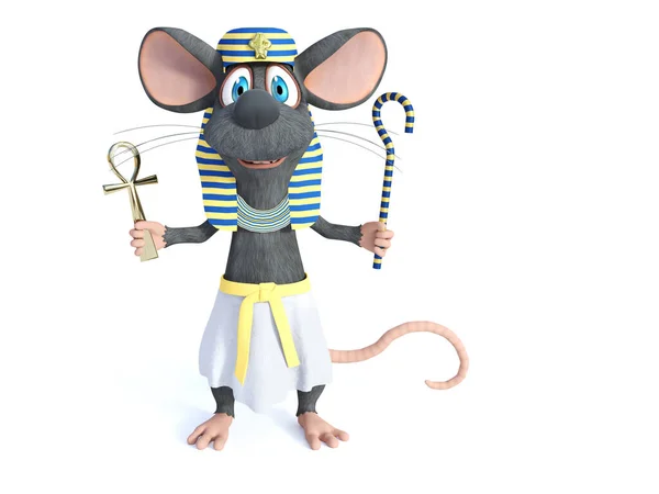Renderização Bonito Rato Caricatura Sorridente Vestido Estilo Egípcio Antigo Segurando — Fotografia de Stock