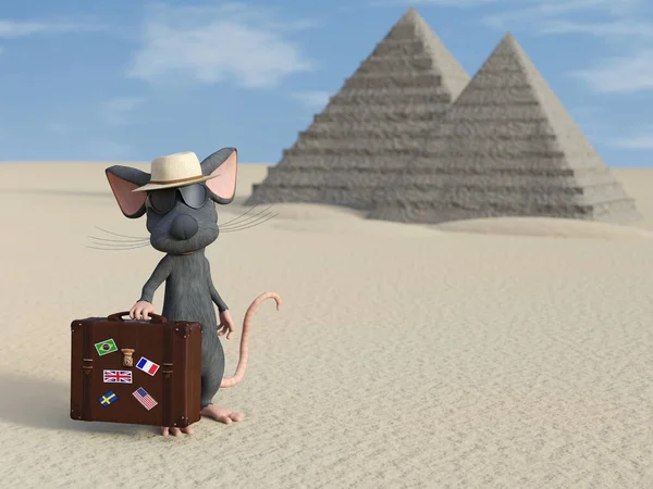 Ztvárnění Roztomilé Kreslené Myši Držící Cestovní Kufr Slunečními Brýlemi Kloboukem — Stock fotografie