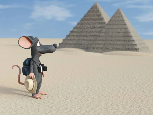 Rendering Cute Cartoon Mouse Holding Hat Camera Looking Tourist His — Stock Photo, Image