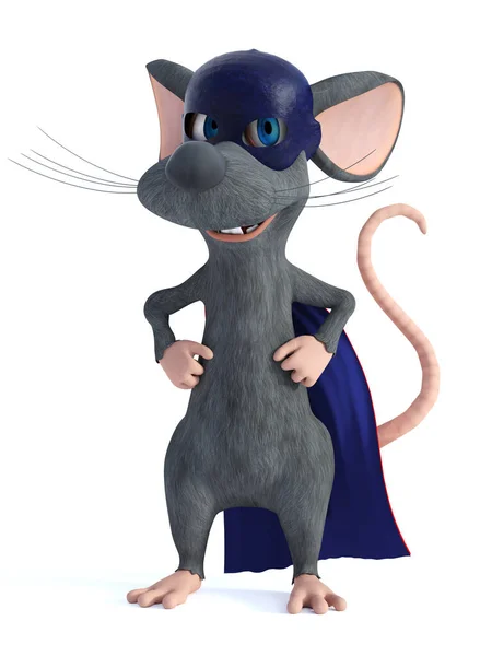 Renderização Bonito Sorriso Mouse Desenho Animado Vestido Como Super Herói — Fotografia de Stock