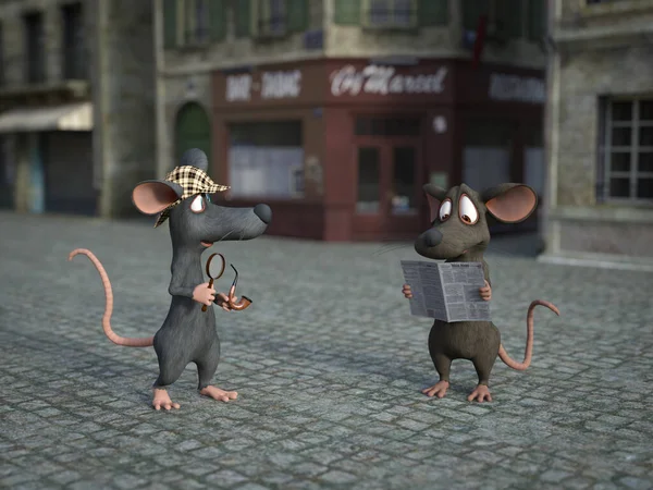 Rendering Simpatico Mouse Cartone Animato Sorridente Possesso Una Lente Ingrandimento Immagini Stock Royalty Free