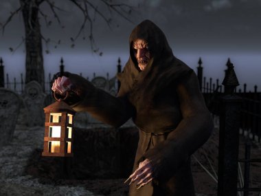 Geceleri mezarlıkta vampir canavar yaratığın 3 boyutlu görüntüsü. O, elinde bir fener tutuyor. Arka planda mezar taşları olan bir mezarlık..