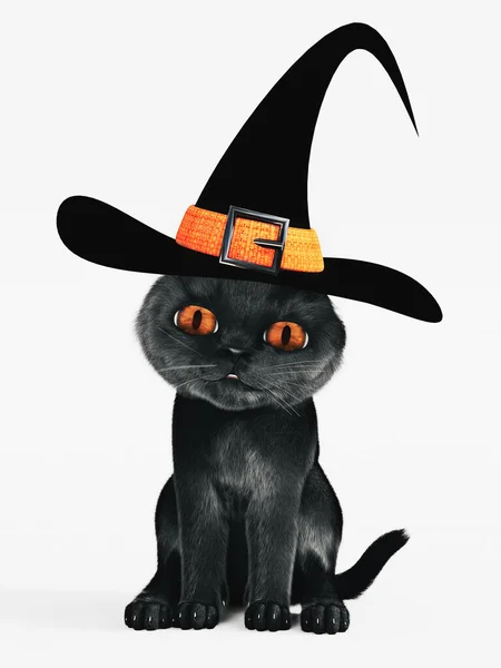 Renderowania Cute Czarny Kot Halloween Pomarańczowym Kolorze Oczu Noszących Kapelusz — Zdjęcie stockowe