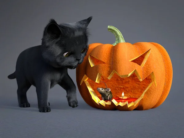 Vykreslení Roztomilé Černé Kočky Myši Sedí Uvnitř Oranžové Barvy Halloween — Stock fotografie