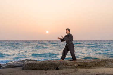 adam tai chi hareketleri agains günbatımı vasıl belgili tanımlık kıyı gerçekleştirir.