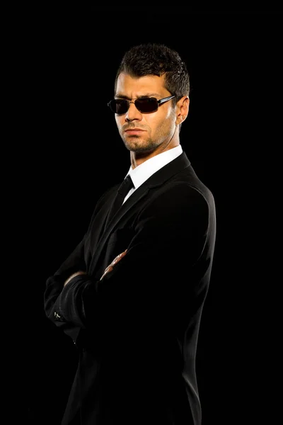 Serious Man Black Suit Dark Background — Stock Photo, Image