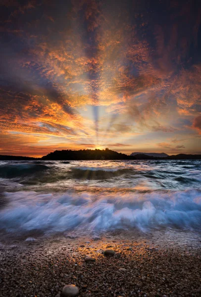 Východ Slunce Zátoku Nidri Řecku Ostrově Lefkas — Stock fotografie