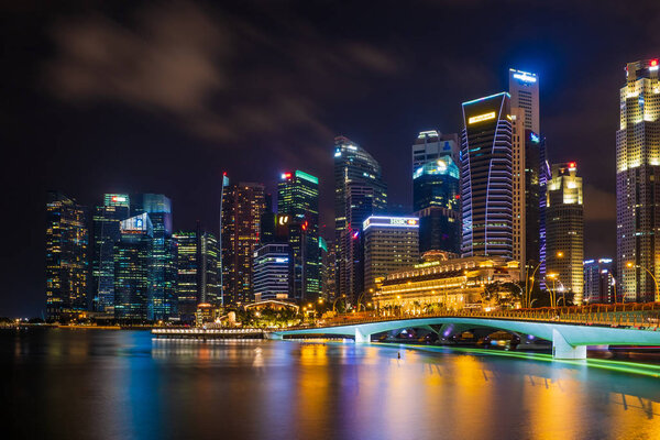 Singapore, Singapore - APRIL 22, 2018: View at Singapore City Skyline, which is the iconic landmarks of Singapore