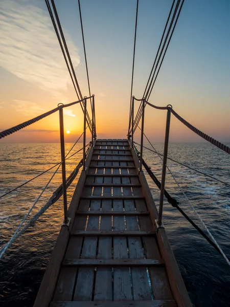 Sunset Sailboat Deck While Cruising Cyclades Greece — Stock Photo, Image