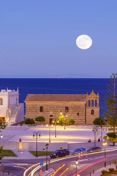 Fullmåne Över Zante Staden Hamnen Zakynthos Grekland — Stockfoto