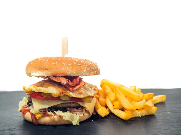 Grand Hamburger Savoureux Cheeseburger Avec Viande Grillée Fromage Tomate Bacon — Photo