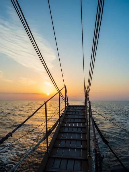 Sunset Sailboat Deck While Cruising Cyclades Greece — Stock Photo, Image