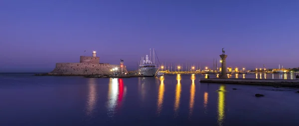 Agios Nikolaos Fortress Mandraki Harbour Rhodes Greece Dusk — Stock Photo, Image