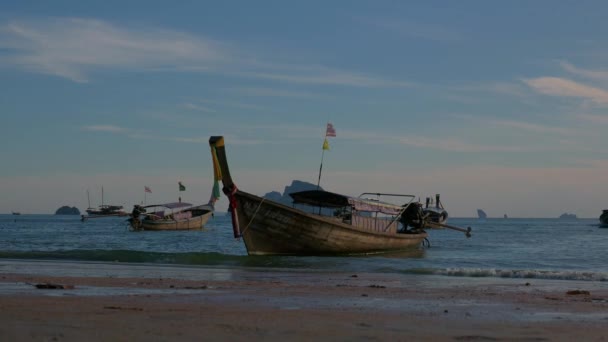 Traditionnal Long Tailbåt Vid Solnedgången Thailand — Stockvideo