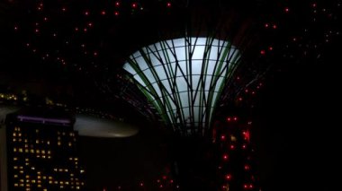 Singapore City, Singapur - 03 Şubat 2019: Bahçelerle Singapur, bay büyük kanopiler ve renkli ışıklar gece ile çok yüksek ağaçlar benzeyen benzersiz dikey bahçeler
