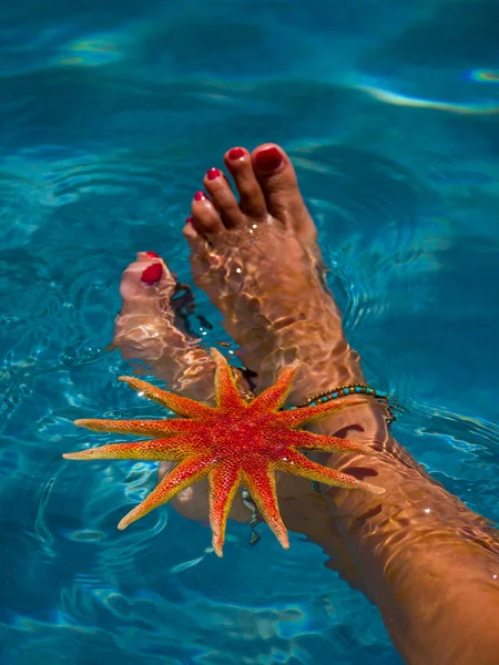 Woman's legs with starfish at the pool — Stock Photo, Image