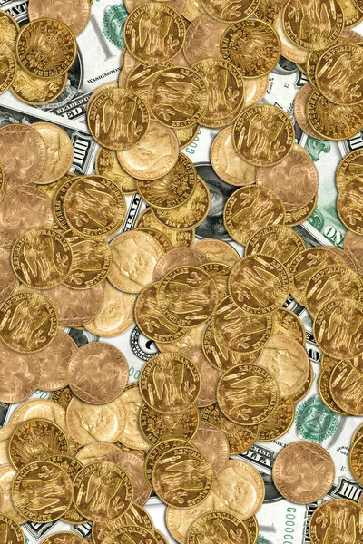 Mnóstwo Złotych Monet Banknotów 100 Usd — Zdjęcie stockowe