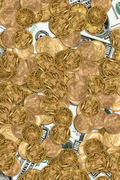 Lots Gold Coins 100 Usd Bank Notes — Stock Photo, Image