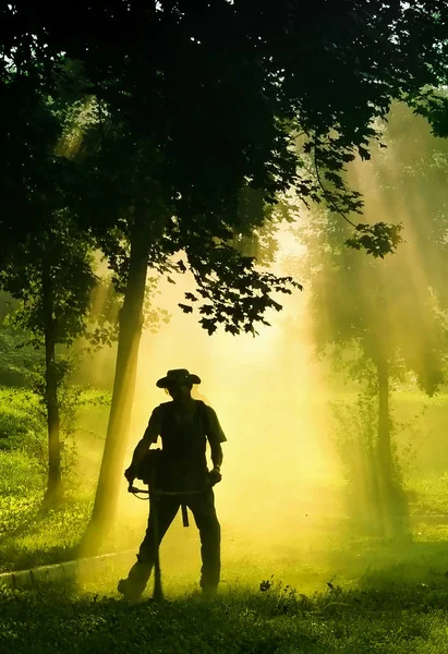 People cutting grass with brush cutter outdoor