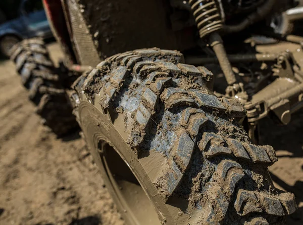 Wheels Road Car Stuck Full Mud — Stock Photo, Image