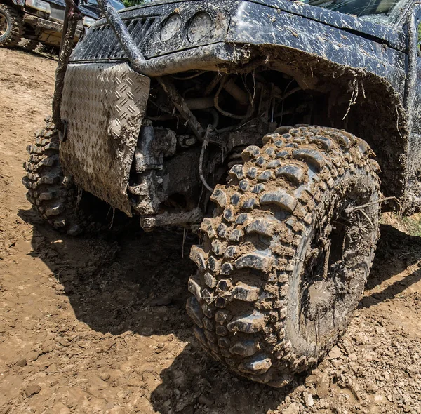 Wheels Road Car Stuck Full Mud — Stock Photo, Image