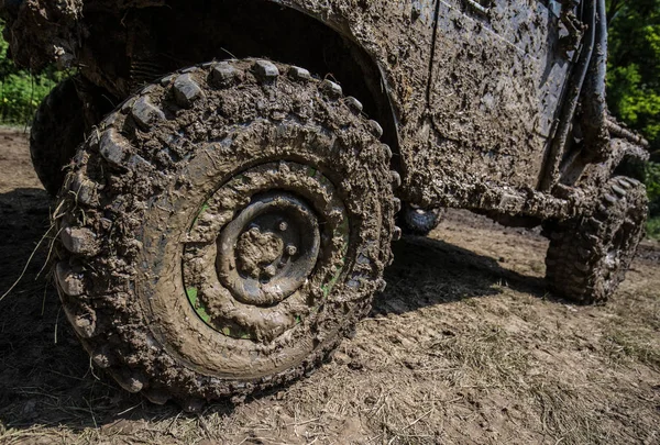 Wheels Road Car Stuck Full Mud — Stock Photo, Image