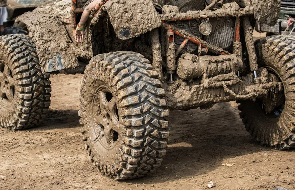 Wheels Road Car Stuck Full Mud — Stock Photo, Image