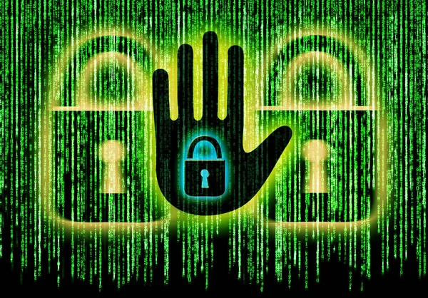 Σύμβολο Της Ασφάλειας Διαδικτύου Τον Δυαδικό Χαρακτήρα Χέρι Και Λουκέτο — Φωτογραφία Αρχείου