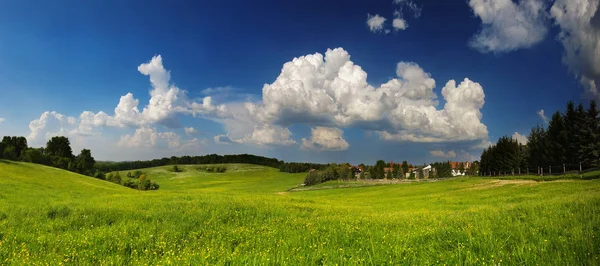 Panoráma Táj Zöld Rét Felhős — Stock Fotó