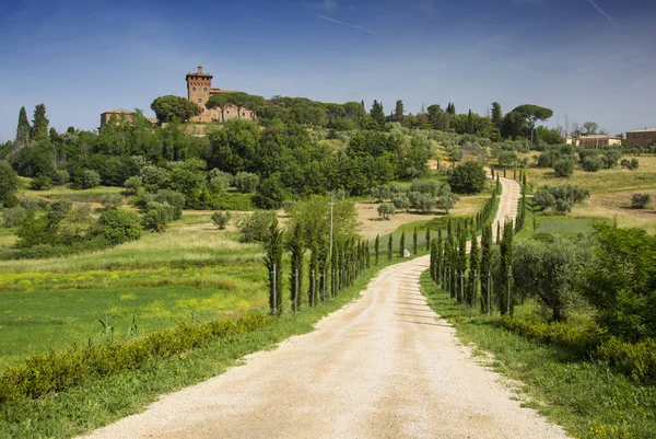 Bela Paisagem Toscana Com Estrada Castelo Ciprestes Itália — Fotografia de Stock