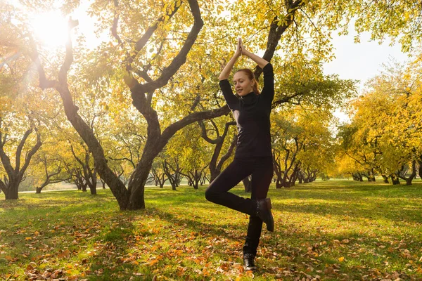 Donna che fa yoga nel parco di autunno — Foto Stock