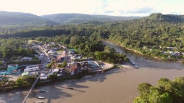 Video, ağaçlı hava manzarası, sahildeki köy evleri. 