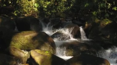 Nehir akışının yavaş çekim videosu, vahşi doğada su buharı. 