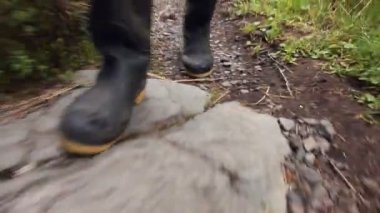 Ormanda yürüyen lastik çizmeli bacaklar yeşil bitkiler ve çimenler, video 