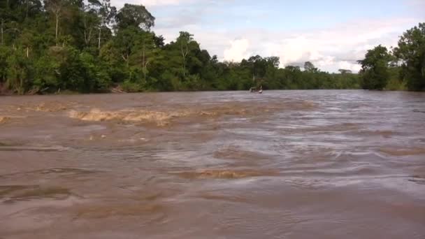 Video Von Braunem Flusswasser Und Boot Mit Menschen Regenwald Ecuador — Stockvideo