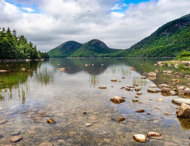 Acadia Ulusal Parkı 'ndaki Jordan Pond manzarası. Arka planda Baloncuklar olarak bilinen dağlar var..