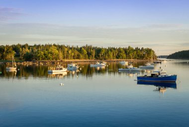 Maine 'de Pretty Marsh' da bir koyda gün batımı. Bir kaç tekne suda ançüezli ve güneş üzerlerine altın bir ışık tutuyor.