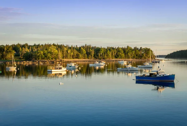 Maine 'de Pretty Marsh' da bir koyda gün batımı. Bir kaç tekne suda ançüezli ve güneş üzerlerine altın bir ışık tutuyor.