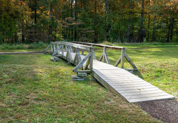 Una Piccola Passerella Legno Attraversa Piccolo Torrente Bosco — Foto Stock