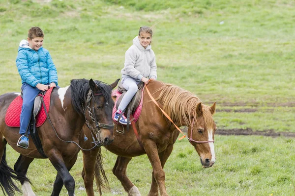Boy Girl Riding Horses Green Meadow — Stock Photo, Image