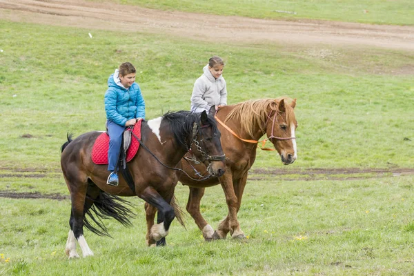 Boy Girl Riding Horses Green Meadow — Stock Photo, Image