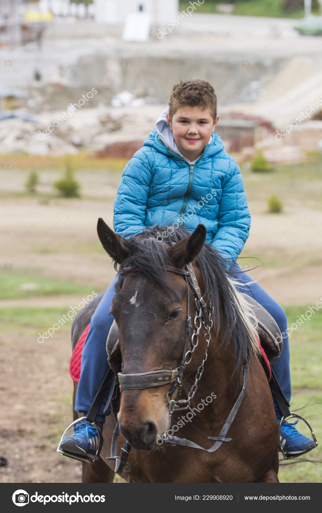 Niño Montando Caballos Prado Verde — Foto de stock #229908920 © predrag1, image size:1067x1700